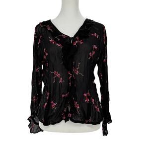 Tailor B Moss Floral Sheer Blouse Women L Black Ruffle V-Neck Long Sleeve Top